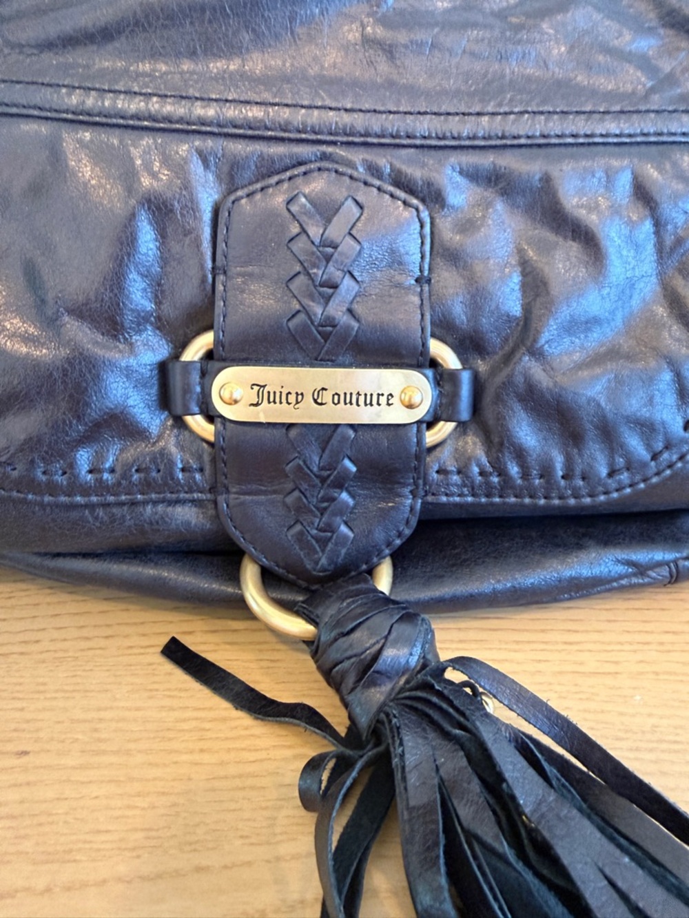 Y2K Vintage Juicy Couture Black Leather Tassel Shoulder Bag - Picture 3 of 6